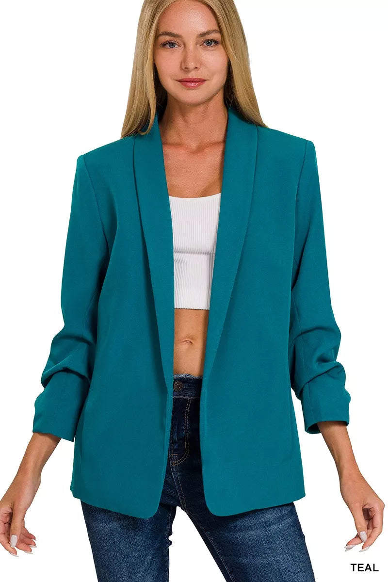 Zenana Womens Balzer Teal Woven 3/4 Ruched Sleeve Open Front Classic Jacket 5bb8e968837f4d2ca92abf028a959266-Max-Origin Trendsi