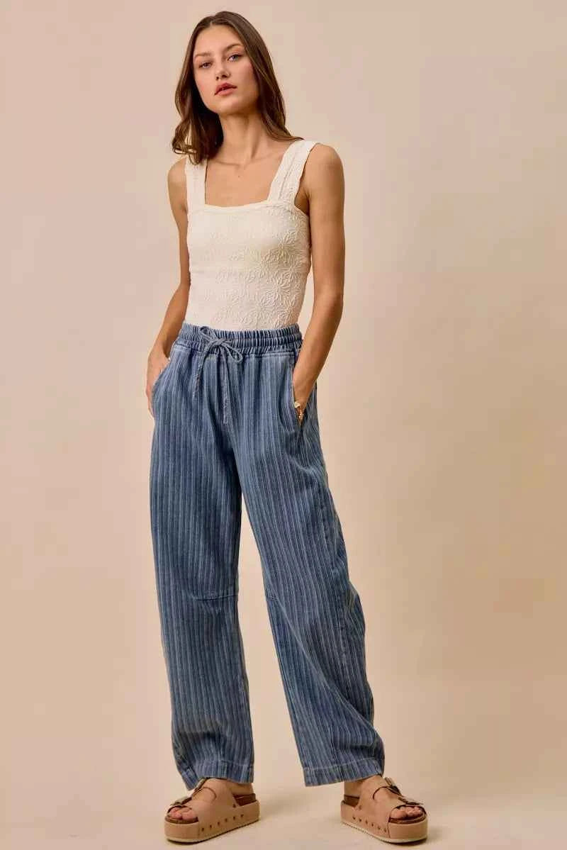 SO ME Stripe Denim Barrel Jeans Drawstring Waistband