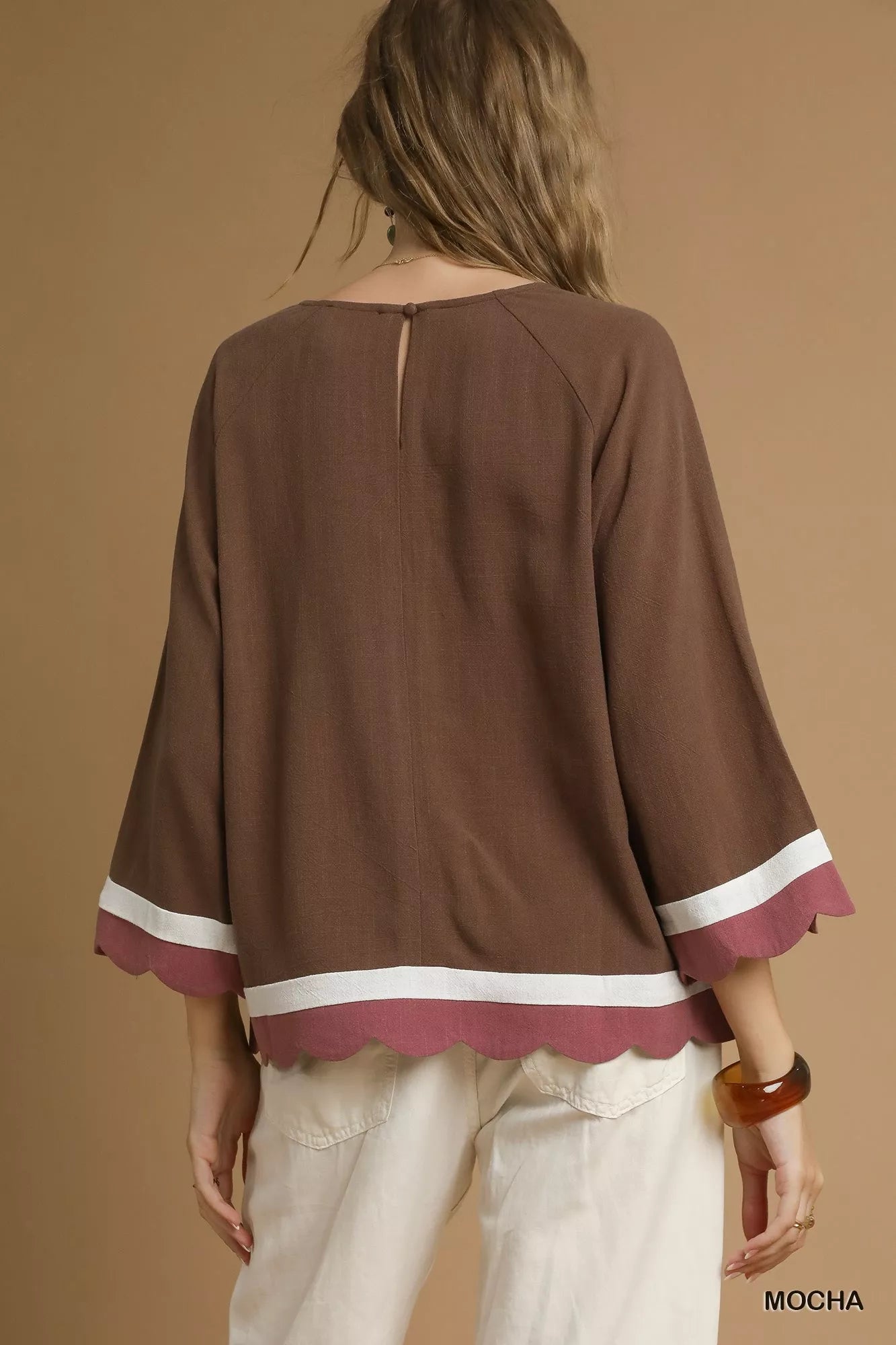 Umgee Women's Blouse Linen Blend Mocha Scalloped Hem Color Block Top 5bced336-ac66-4f98-9bde-9386f1eab891-Max-Origin Trendsi