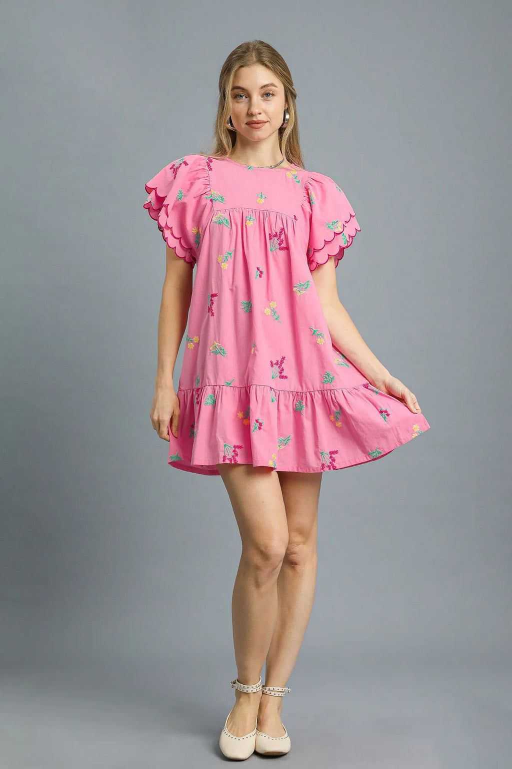 Umgee Mini Dress Pink Floral Embroidered Short Sleeve Ruched Pink 5bd0fcb1-d14a-4a94-9217-25c58ec00c5e-Max-Origin Trendsi