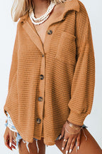 Waffle-Knit Women Shirt Collared Neck Long Sleeve Pocketed Single Breasted Caramel 5bd39043-d3ed-4ef4-93c5-a40100976b69-Max Trendsi