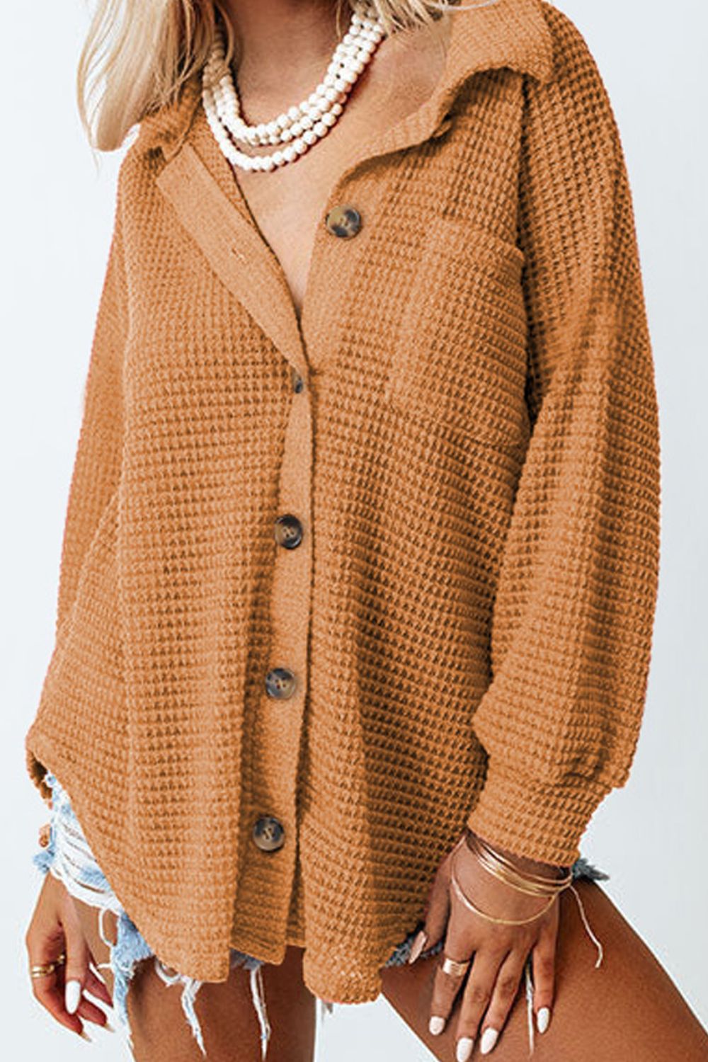 Waffle-Knit Women Shirt Collared Neck Long Sleeve Pocketed Single Breasted Caramel 5bd39043-d3ed-4ef4-93c5-a40100976b69-Max Trendsi