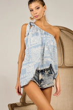 BiBi Top One Shoulder Tied Ribbon Blue Aztec Printed Woven Asymmetrical Blouse 5bda49d6397d467b8bb61993ca23660f-Max-Origin Trendsi