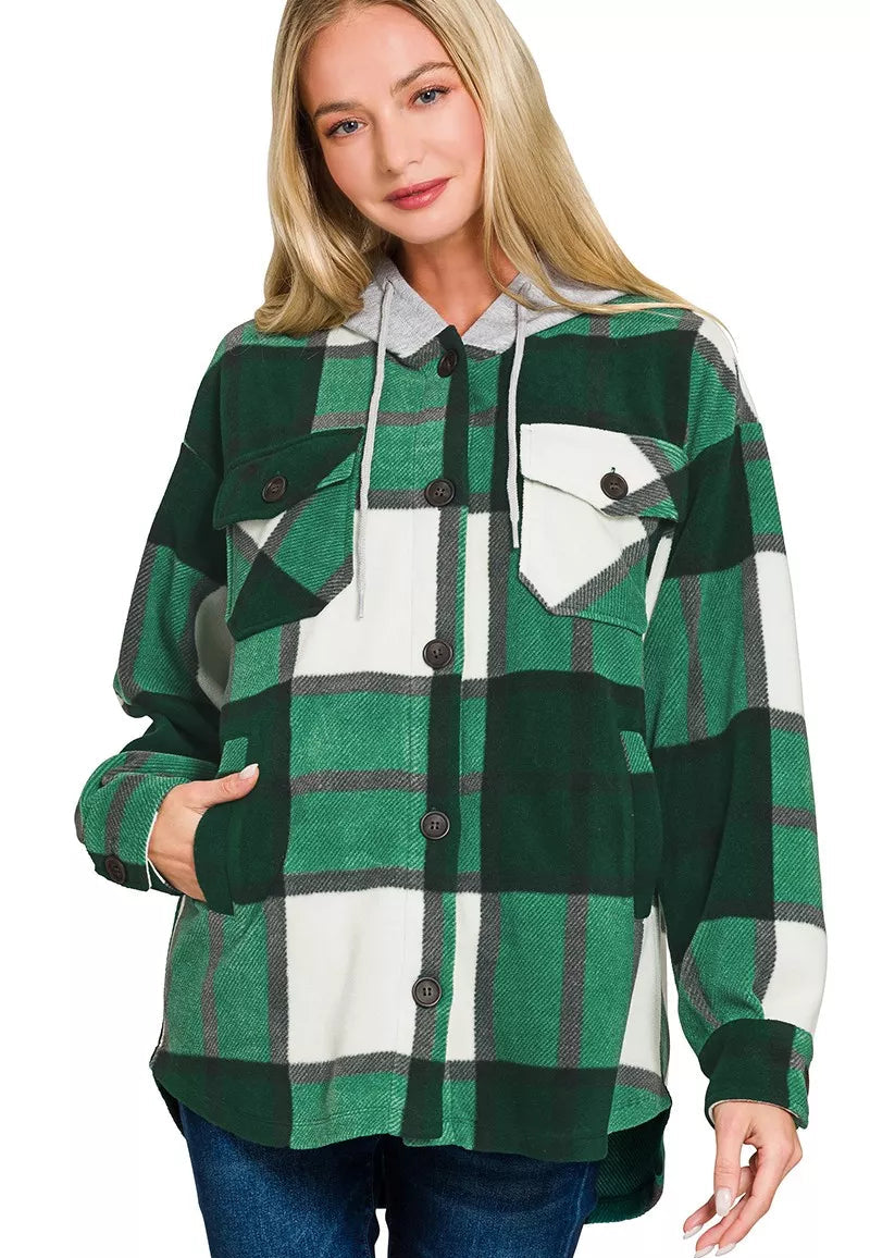 Zenana Plaid Drawstring Hooded Fleece Shacket