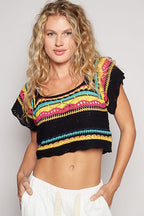 POL Knit T-shirt Openwork Ethnic Pattern Square Neck Cropped Black Knit Top Black 5bee14e3-26fc-4d13-a7f8-9065c7e689d5-Max Trendsi