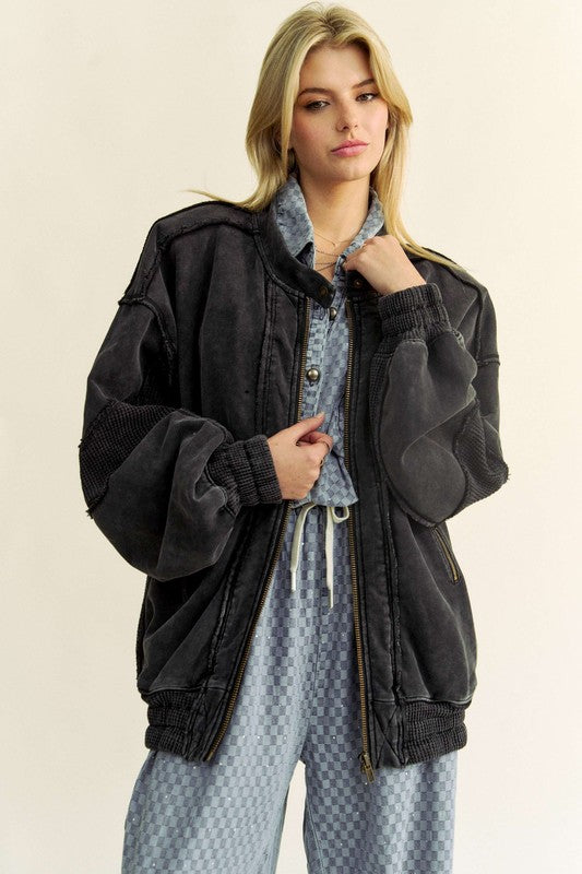 Davi & Dani USA Denim Women Jacket Exposed Seam Zip Up Oversized Waffle-Knit