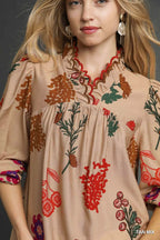 Umgee Womens Blouse Tan Mix Flower Print Top with Scalloped Neckline 5bfb9f0b-2dd5-495e-a306-1c9f89c48c34-Max-Origin Trendsi