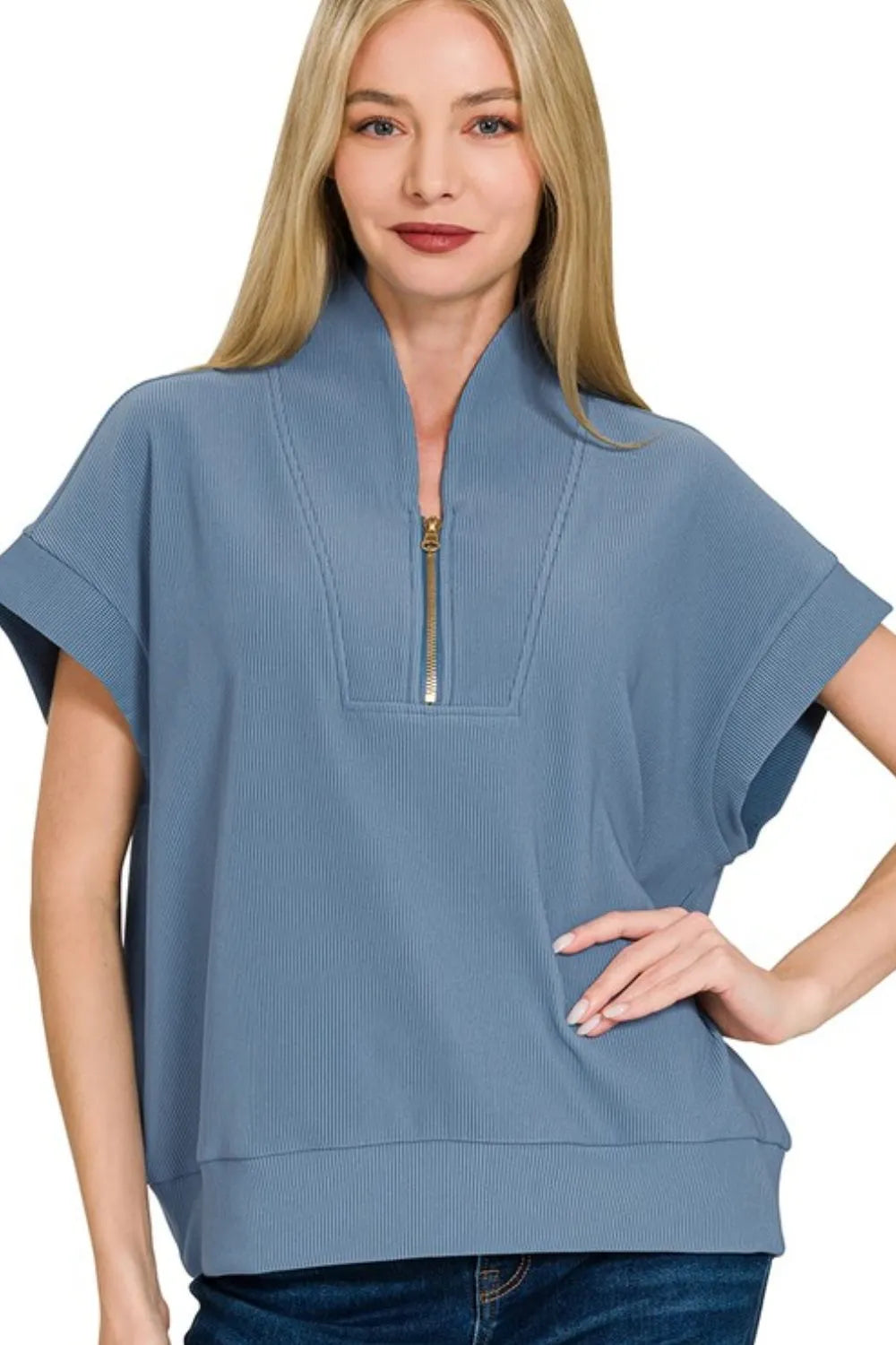 Zenana Top Ribbed High Neck Half Zip Dusty Blue Short Sleeve DUSTY BLUE 5bffdf4f-6b09-4047-b558-abfac96a6473-Max-Origin Trendsi