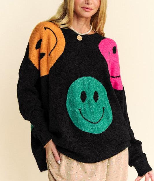 Davi & Dani Black Oversized Sweater Contrast Colorful Smile Round Neck Pullover