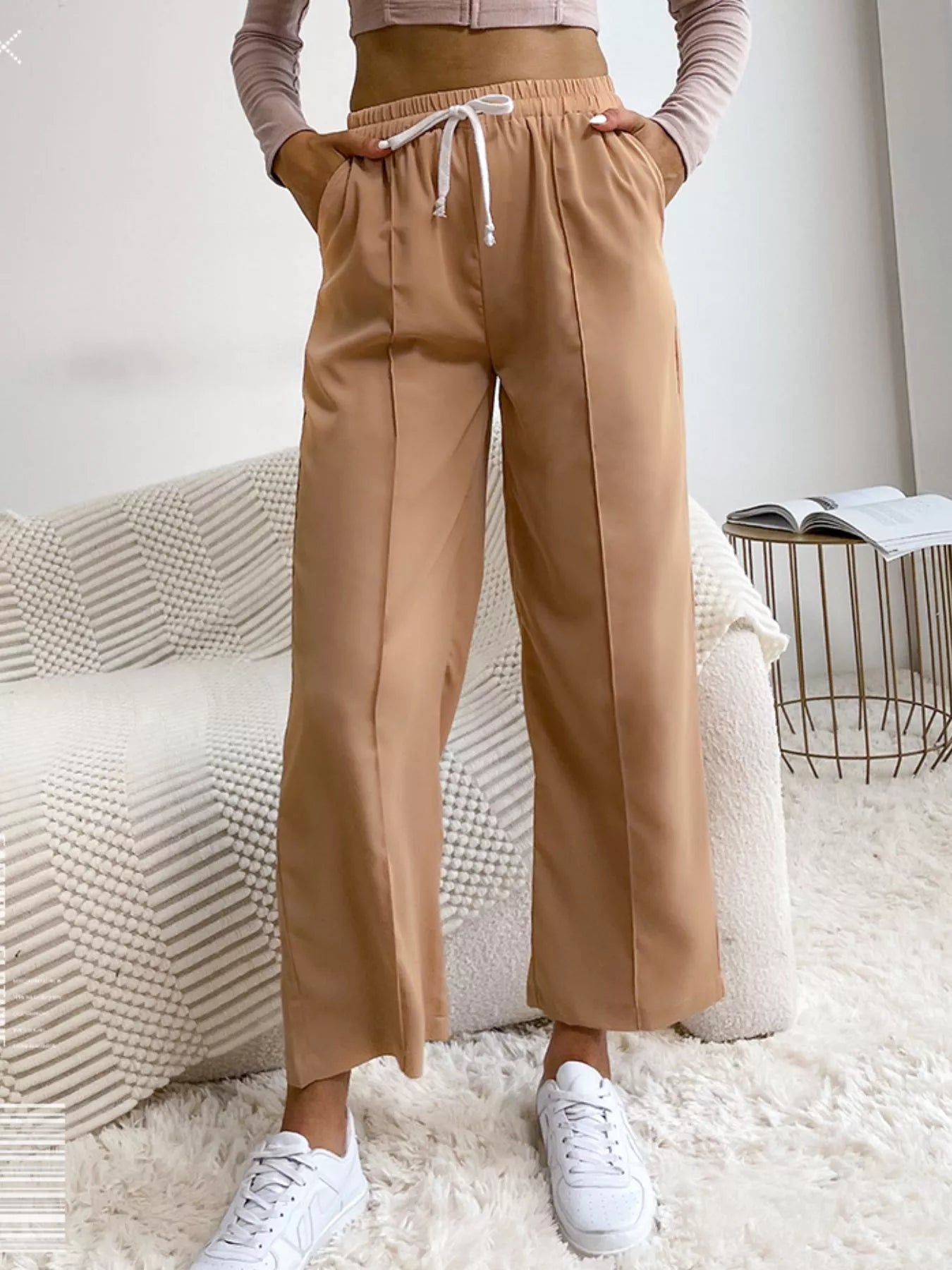 Women's Casual Pants Wide Leg Camel Drawstring Waist Trousers Camel 5c0b3d44-8029-42bf-94e6-9009d6fe23a1-Max-Origin Trendsi
