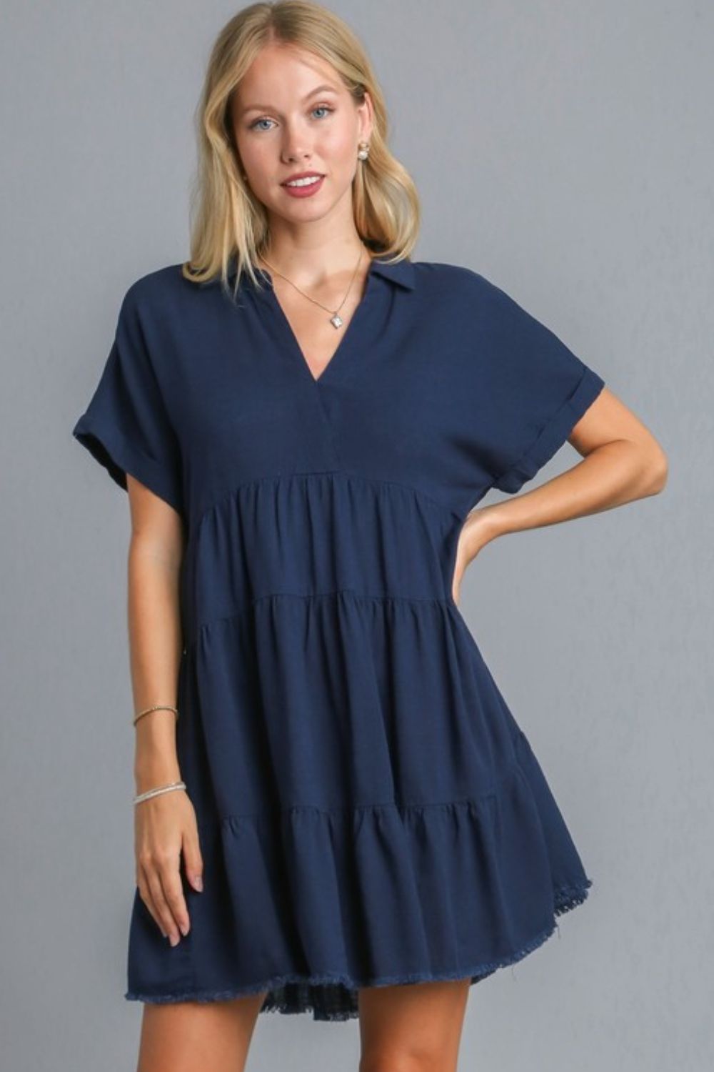Umgee Mini Dress Ruffle Raw Hem Folded Sleeve Tiered Dark Navy Dark Navy 5c0ed95b-1c6b-41c6-8357-2ca846d41bd0-Max Trendsi