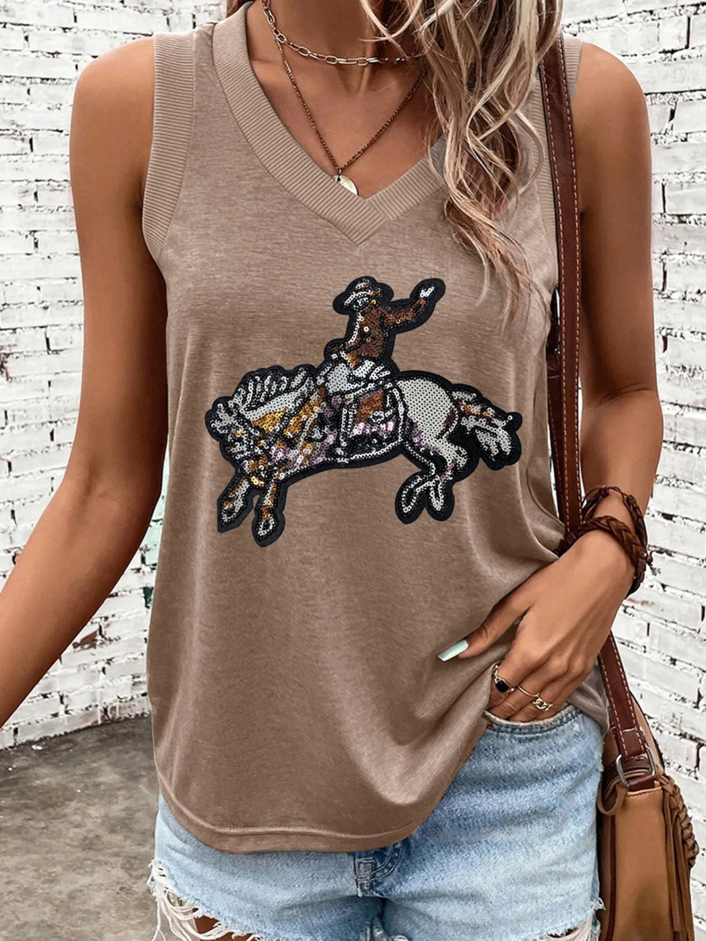 Women's Tank Top Western Sequin Cow Boy V-Neck Sleeveless Blouse Mocha 5c17145e-a0c9-4c7f-ab76-b9171074ed85-Max-Origin Trendsi