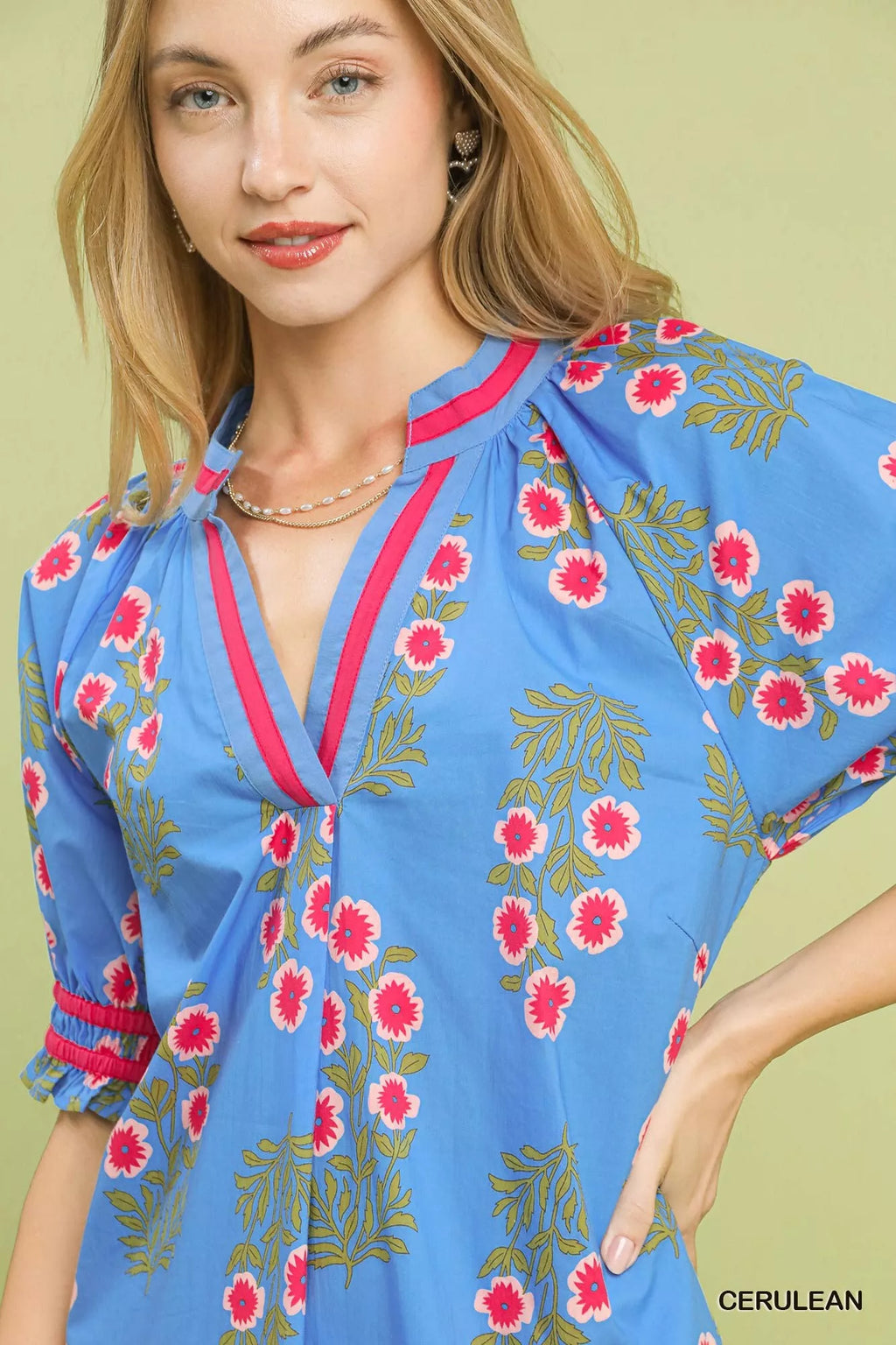 Umgee Womens Blouse Blue Floral V-Neck Puff Short Sleeve Top 5c1bf018-391a-4229-acf0-7b357fe3c0f2-Max-Origin Trendsi