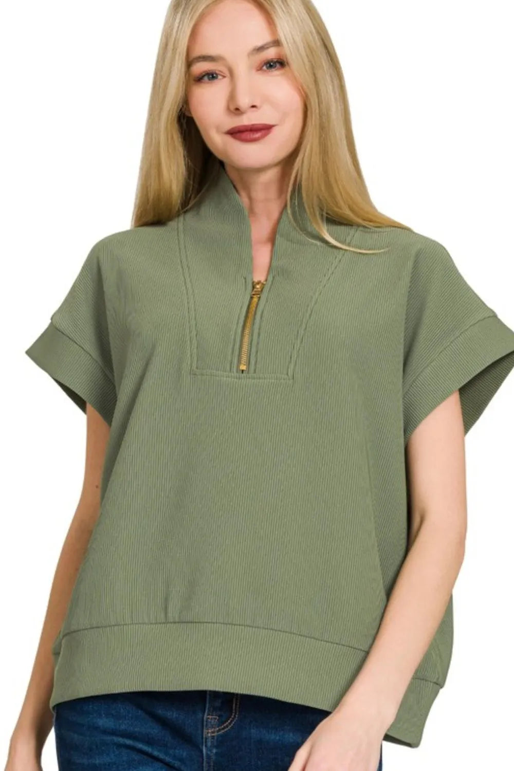 Zenana Top Ribbed High Neck Half Zip Light Olive Short Sleeve LT OLIVE 5c25aa08-df63-45d6-b8a7-dca27bd6d1a6-Max-Origin Trendsi