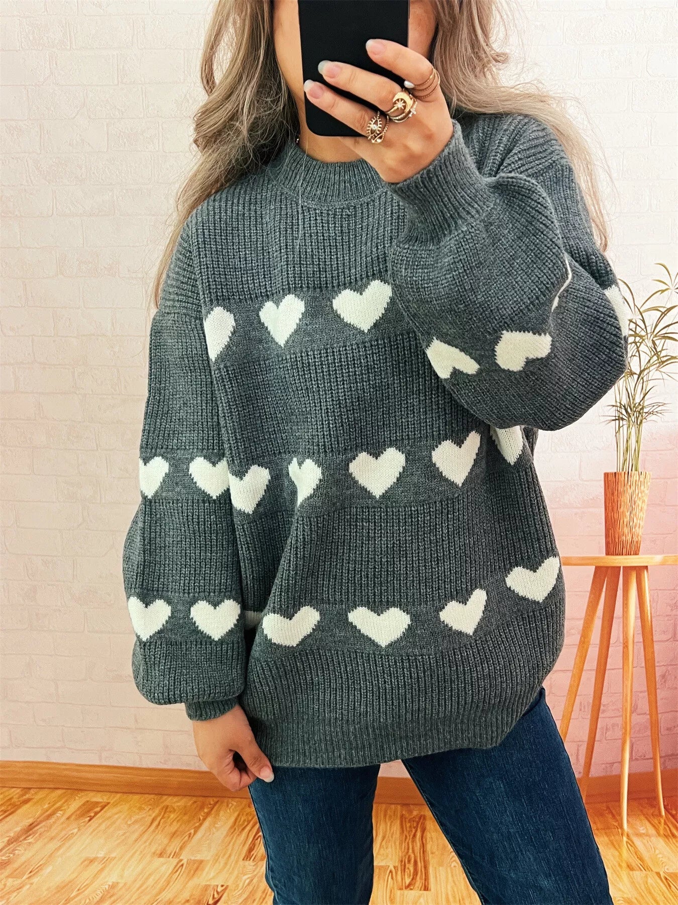 Women's Sweater Heart Pattern Dropped Shoulder Long Sleeve Puulover Gray One Size 5c2d8ef044ab415989137fcc1b0ed891-Max-Origin Trendsi