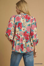 Umgee Women's Blouse Lagoon Mix Floral Peplum with Tie Neck Top 5c41eff9-6cb0-43c9-a656-472458a2a348-Max-Origin Trendsi