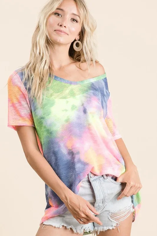 BiBi Tie Dye Print Womens T-shirt Low Gauge Deep U Neck Top 5c4573a5a3fb4ee2a8f4ac9ce5b80d28-Max-Origin Trendsi