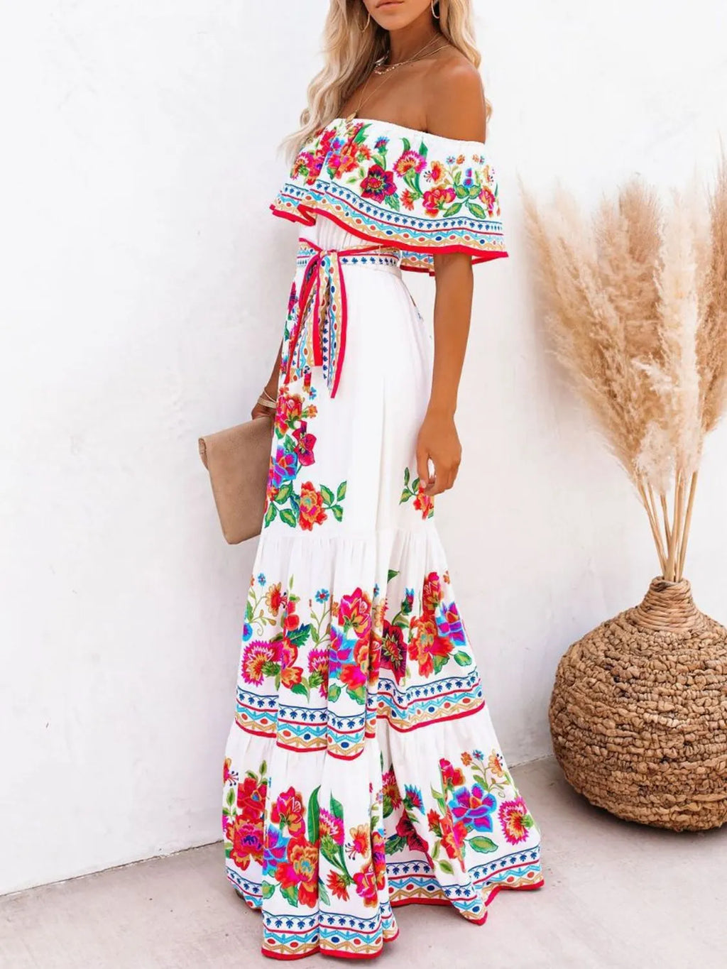 Floral Maxi Dress Off Shoulder Ruffle Belted High Waisted Ruched 5c467848-e456-43ff-a98b-a763061c9bf6-Max-Origin Trendsi