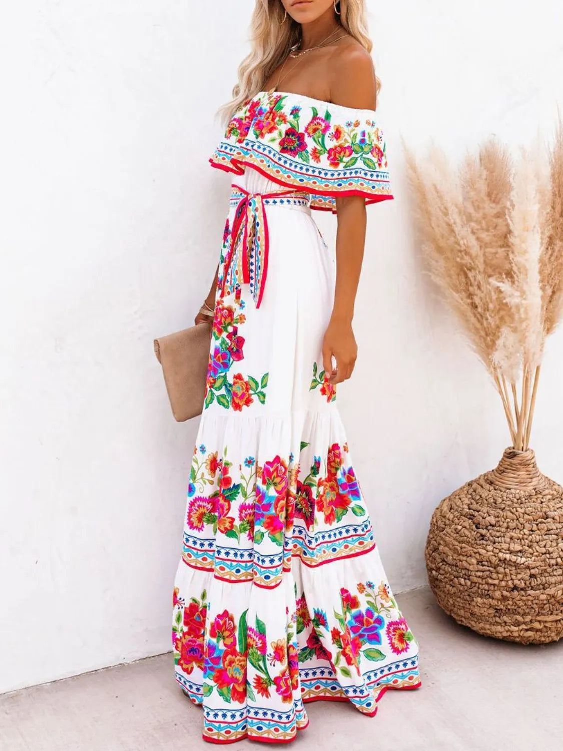 Floral Maxi Dress Off Shoulder Ruffle Belted High Waisted Ruched 5c467848-e456-43ff-a98b-a763061c9bf6-Max-Origin Trendsi