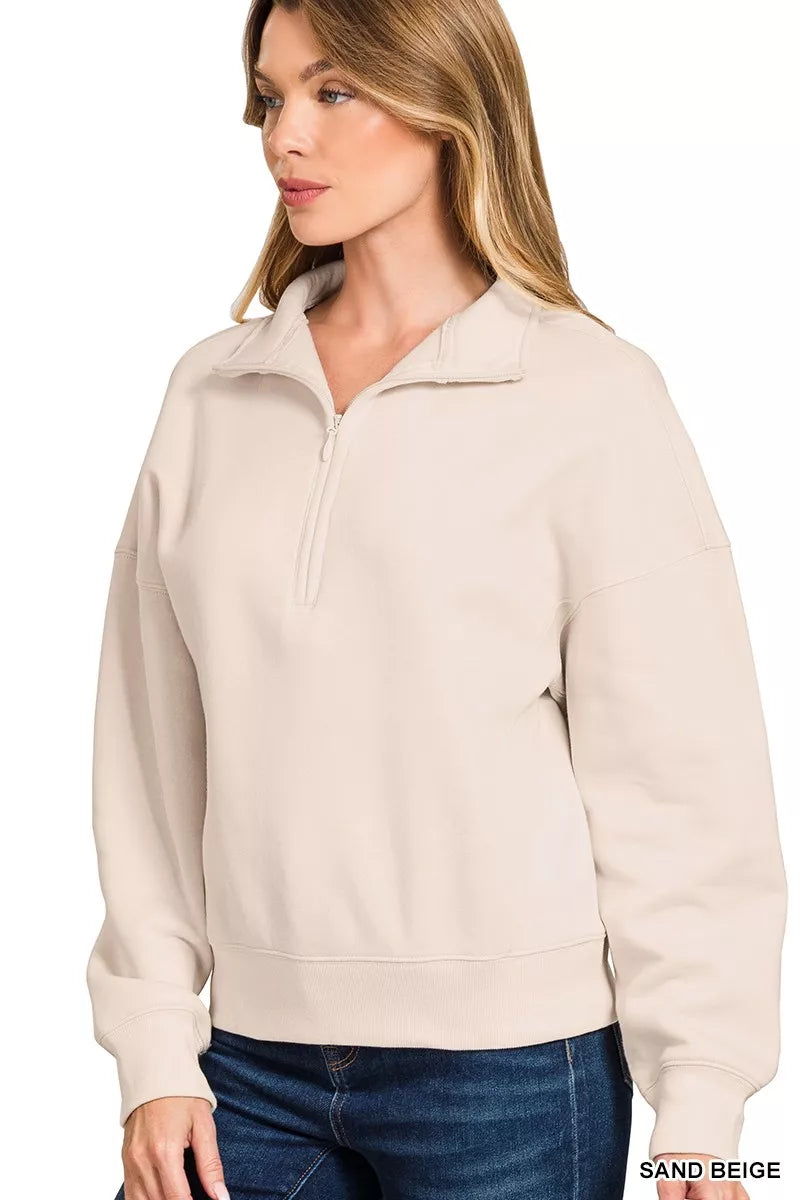 Zenana Women's Sweatshirt Beige Fleece High Neck Half Zip Top 5c4cd9a8d85045b7a8dc77ca8444aac6-Max-Origin Trendsi