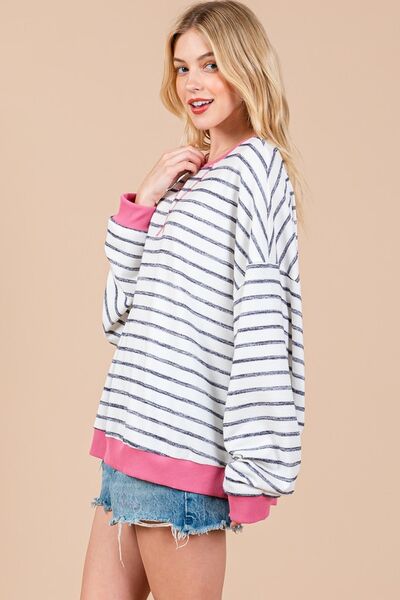 Ces Femme Striped Sweatshirt Round Neck Drop Shoulder White Black 5c513f11-9a2b-4406-87a1-7abca68f4219-Min Trendsi