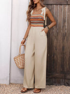 Tie Shoulder Wide Leg Jumpsuit with Pockets and Smocked Detail