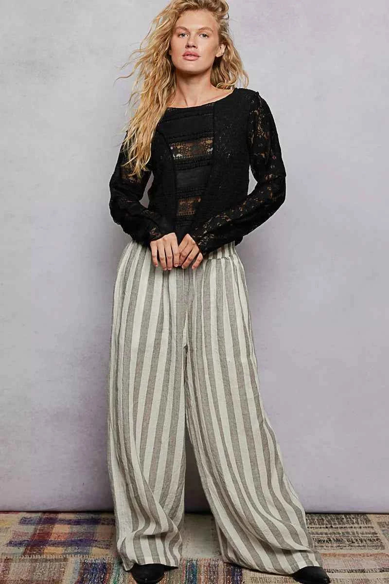 POL Round Neck Long Sleeve Exposed Seam Top with Lace Detail