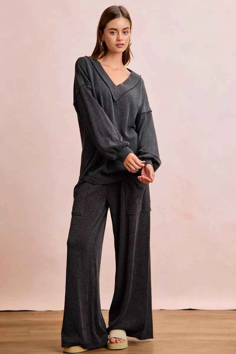 BiBi Women Tracksuit Set Black Cord Rib Contrast Stitch V-Neck Top and Pants 5c61aa149ba242ca981d6bb236c6ff3d-Max-Origin Trendsi