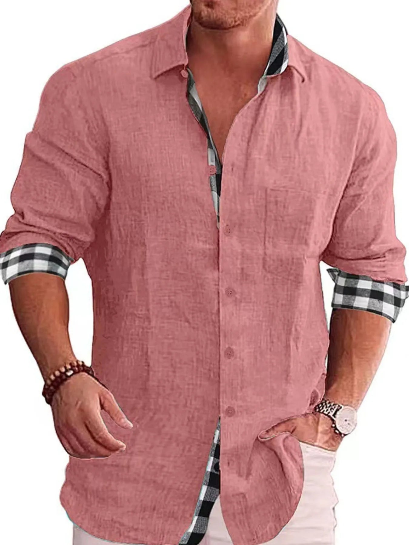 Men's Shirts Casual Cotton Blend Plaid-Trim Long Sleeve Lightweight Tops Dusty Pink 5c646e93-a46d-435d-9a58-33d74b3a5f60-Max-Origin Trendsi
