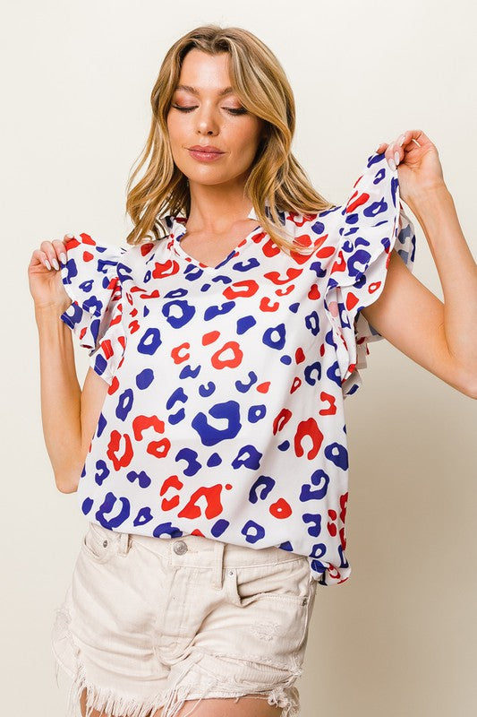 BiBi Blouse Colorful Leopard Print Notched Ruffled Cap Short Sleeve Top OFFWHT RED NAVY 5c76f6e2-f251-42d7-9048-eba9ae38f2e3-Max Trendsi