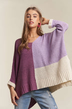 ADORA Women's Sweater Deep Purple Color Block Pattern Long Sleeve Pullover Deep Purple 5c80be6d-4f4f-4537-9df4-127966c9da53-Max Trendsi