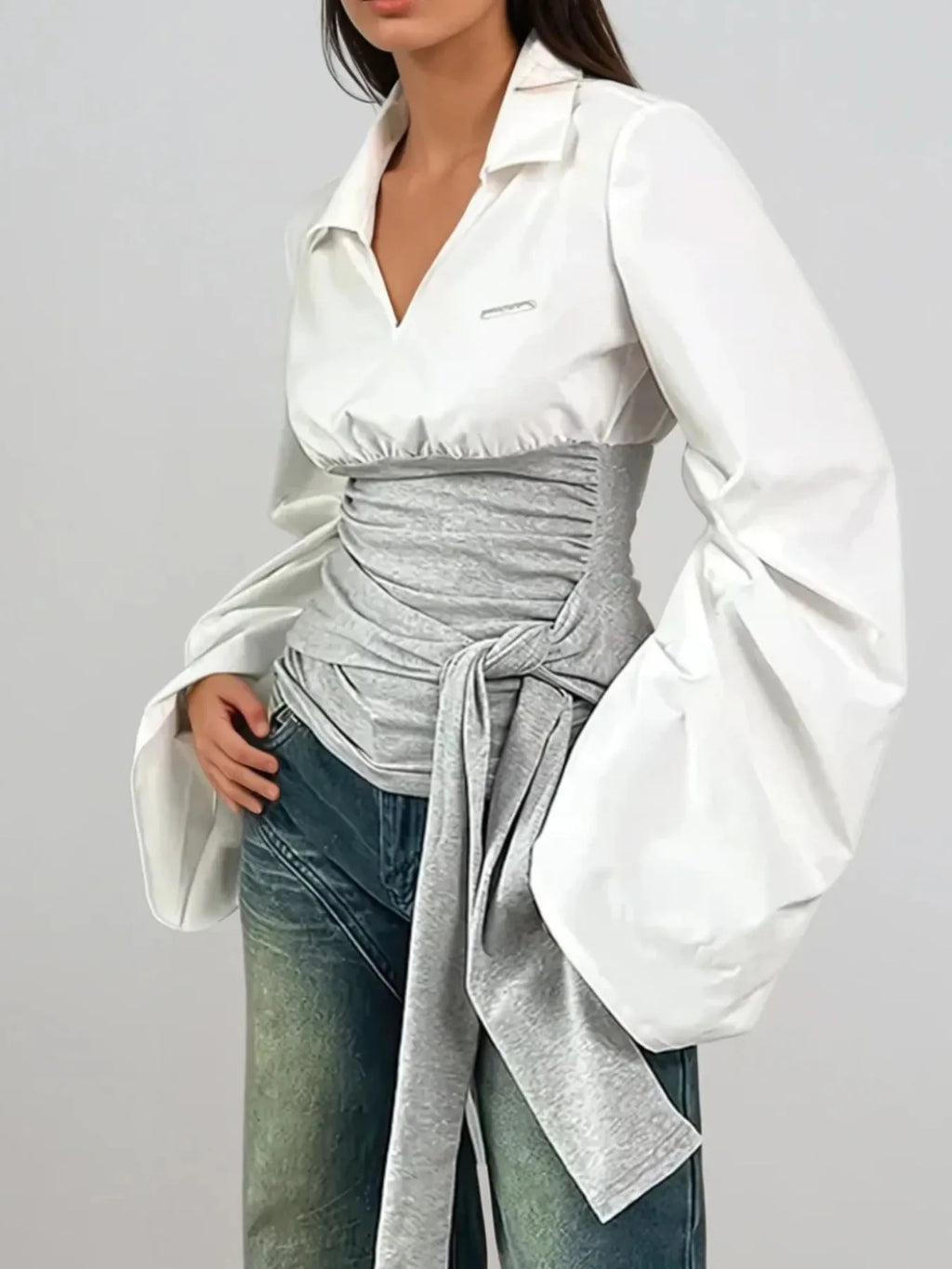 Women's Blouse White Collared Gray Tie Waist Long Sleeve 5c86bba3-7da2-4ca0-bd81-c58ecc26ac01-Max-Origin Trendsi