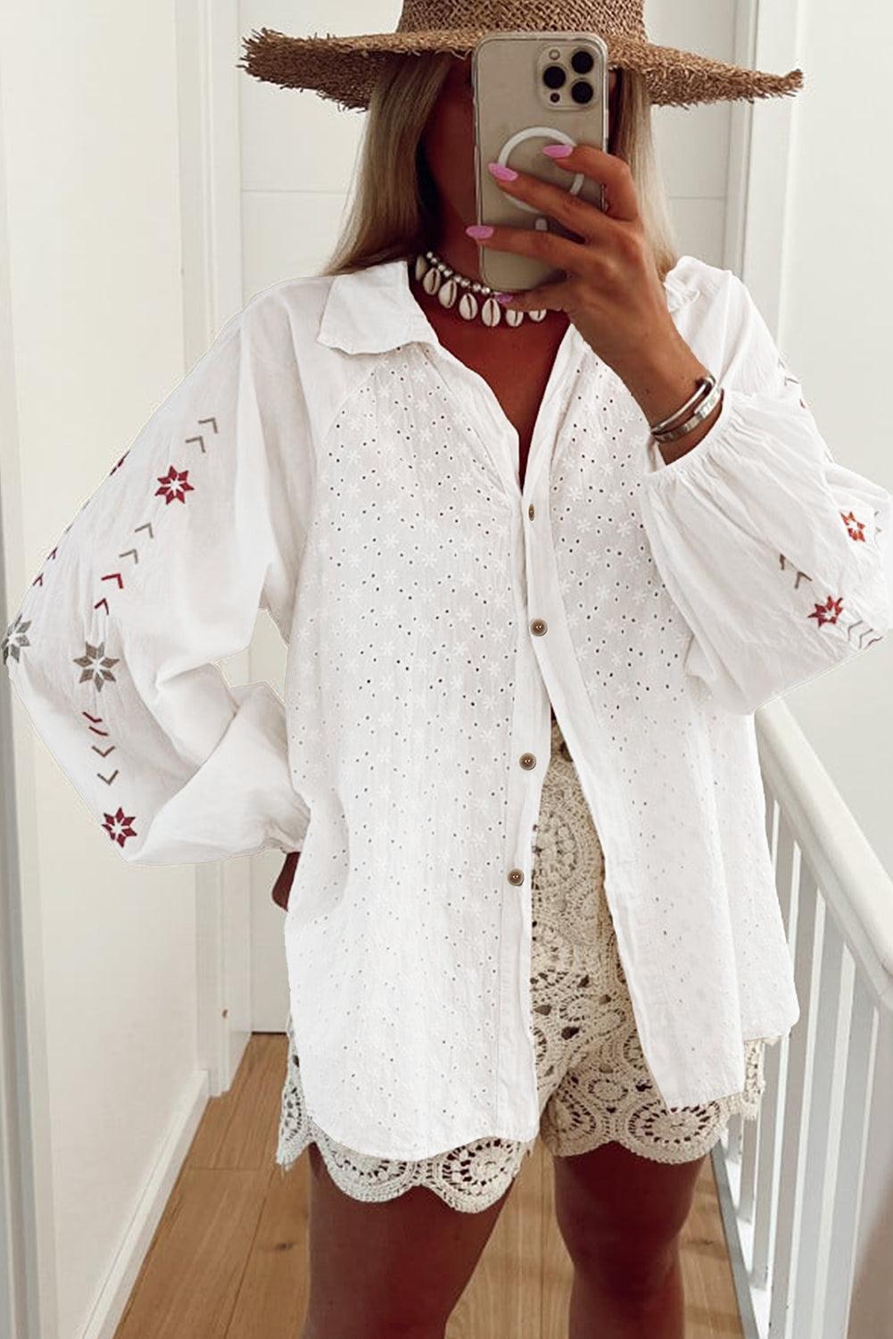 White Shirt Embroidered Eyelet Collared Neck Long Sleeve Blouse 100% cotton 5c89d739-0695-4be5-865a-c188500ca2cc-Max Trendsi