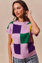 SO ME Casual Sweater Top Women Mardi Gras Check Plaid Short Sleeve Top 5c928ef36d6e488fa0e5453ceaa92971-Max-Origin Trendsi