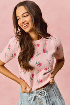 SO ME Womens Sweater Top Blush Pink Floral Pattern Knit Puff Short Sleeves 5c97a22656c649f0acdbc1b1e5aff5be-Max-Origin Trendsi