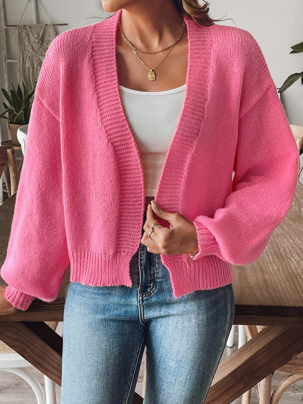 Knit Cardigan Open Front Long Sleeve Knitwear Strawberry 5c9b059c-cb35-400a-8420-4c1fe10c048c-Max Trendsi