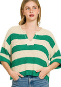 Zenana Split Neck Striped Sweater