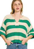 Zenana Split Neck Striped Sweater