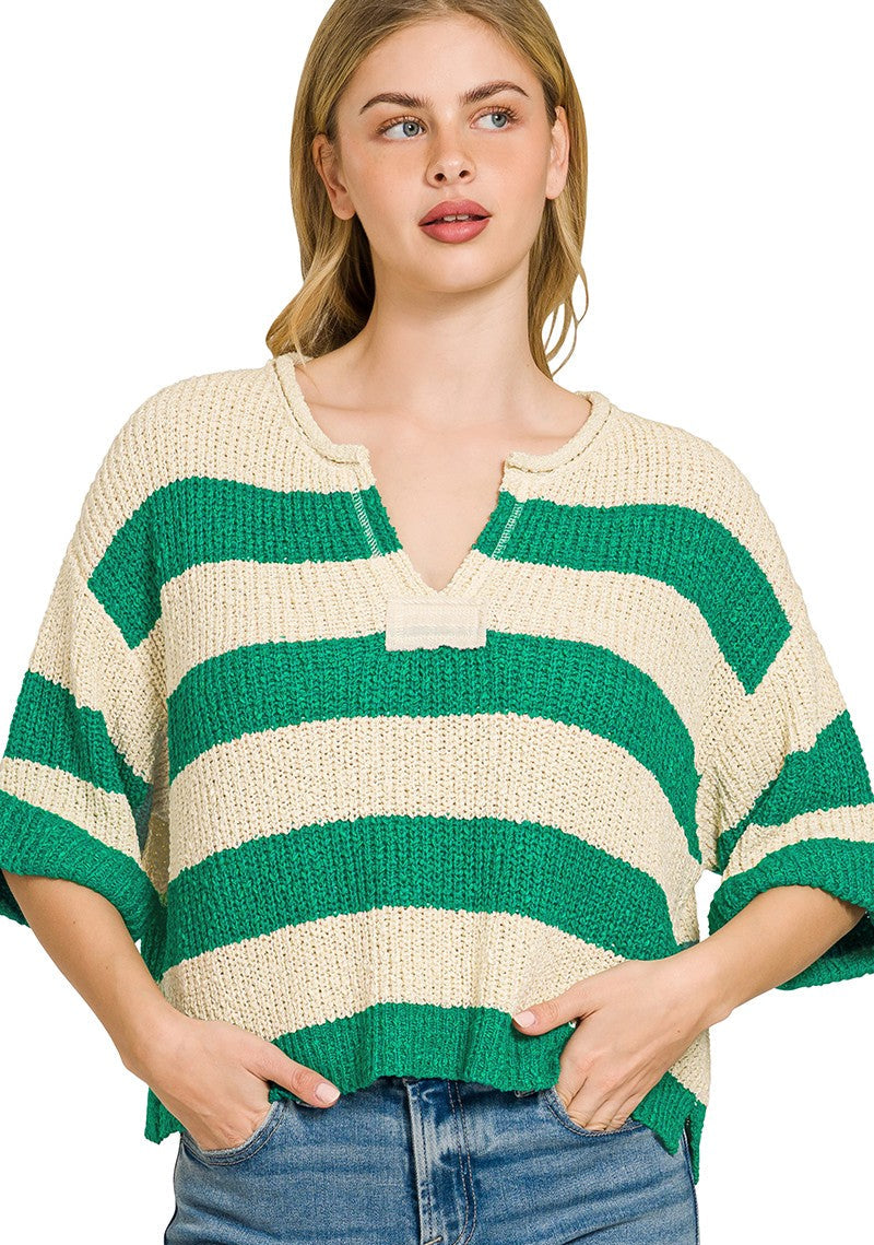 Zenana Split Neck Striped Sweater