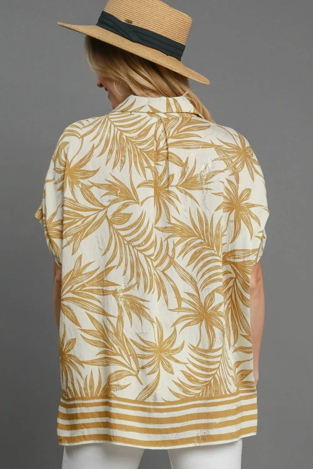 Umgee Shirt Floral Tropical Print Mustard Top Short Sleeve Side Slit 5ca28d17-89f6-4f64-978e-c6f7a9710e7a-Max-Origin Trendsi