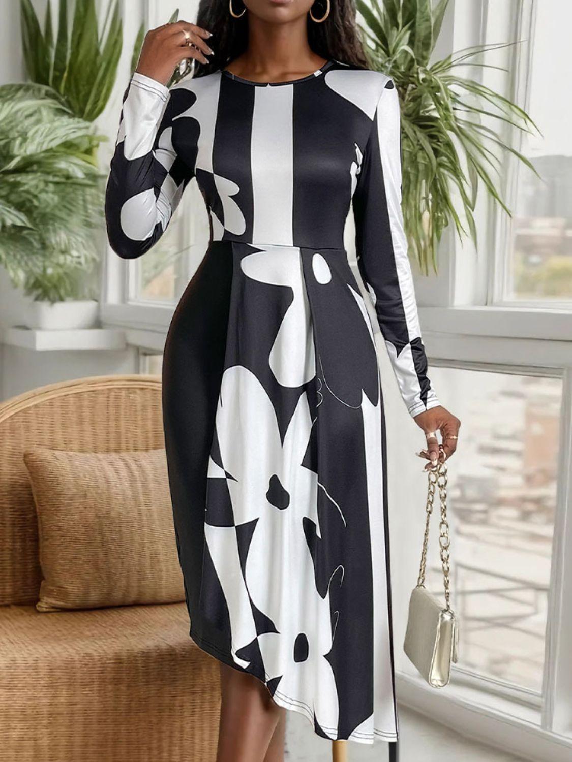 Midi Dress Asymmetrical Slit Round Neck Long Sleeve Slim Dresses 5ca7edef-b404-4002-a9c9-e4c69fc8621d-Max Trendsi