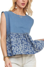 ADORA Denim Top Sleeveless Floral Contrast Blue Ruffle Blouse 5cad29afbc044123a51011b5038bcc37-Max-Origin Trendsi