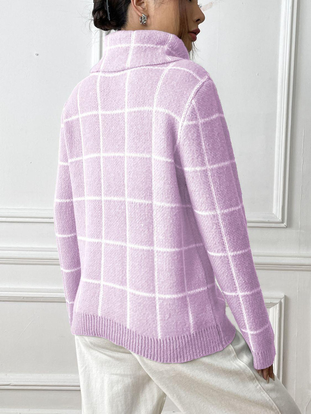 Heart Plaid Sweater Turtleneck Long Sleeve Casual Knitwear 5cb852a4-dd68-4313-bfef-27fdddba3663-Max Trendsi