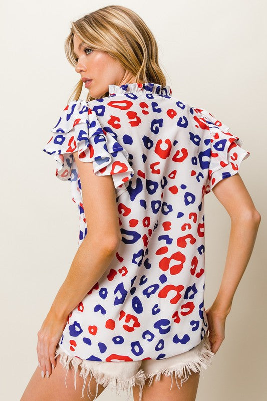 BiBi Blouse Colorful Leopard Print Notched Ruffled Cap Short Sleeve Top 5cb96c0b-a47b-440a-b5ba-e2dd427ba1a8-Max Trendsi