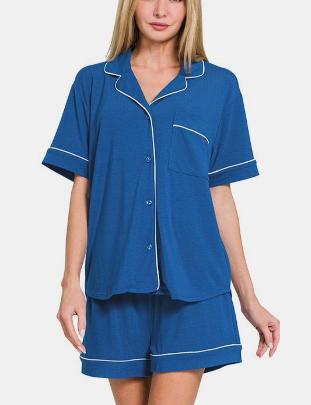 Zenana Lounge Set Classic Blue Short Sleeve Top and Shorts 2 Pcs Set Classic Blue 5cc99e3b-ba10-433b-b328-f68de2990032-Max Trendsi