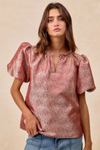 BiBi Jacquard Womens Blouse Red Woven Short Balloon Sleeves V Neck Top 5cd113c1803c4e7e975a541f1f78ed79-Max-Origin Trendsi