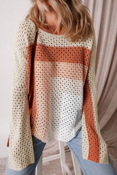 Sweater Openwork Color Block Long Sleeve Women's Long Sleeve Knit Top 5ce1d411-a4e1-4f22-827a-46e0a1465e78-Min Trendsi
