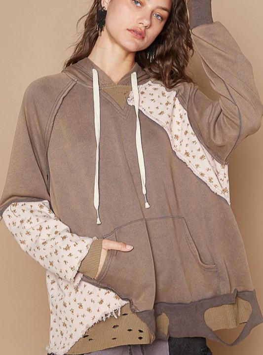POL Hoodie Floral Patchwork Hooded Distressed Oversized Pocketed Long Sleeve Mocha 5ce7cf87-7aa9-4a69-a6d1-df6db62eb7eb-Max Trendsi