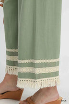 Umgee Wide Leg Pants Lace Trim Fringe Hem Sage Green Trousers 5cf1ee40-90fb-4a26-ac80-fab91bb94ce1-Max-Origin Trendsi