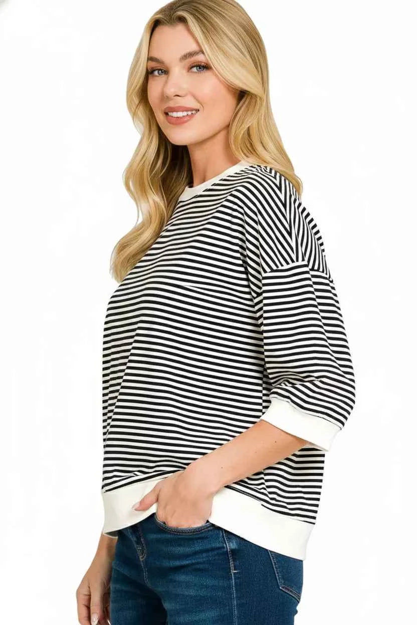 Zenana T-shirt Black Striped Contrast Trim Banded Bottom Top 5cf20f92-6f4d-42bd-9024-b11865d584c6-Max-Origin Trendsi